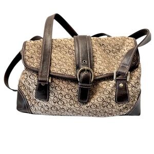 Two Tone Brown Shoulder Purse.  Fabric Purse has Subtle Design and Leather Trim.